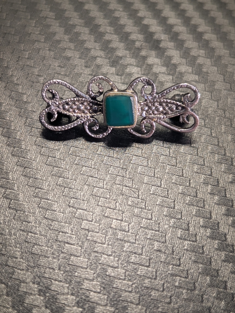 Silver Filigree Bar Pin with Jade